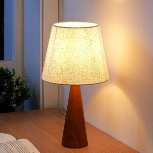 13.58" Small Table Lamp, Wooden Bedside Lamp With Beige Linen Lampshade
